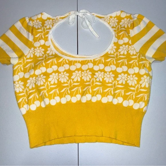 Maeve Anthropologie Yellow Floral Knit Top Open Back Tie Size L summer top 🍒 - Picture 3 of 9